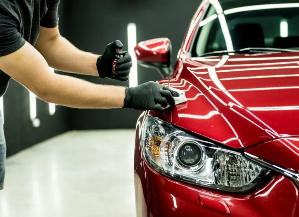 A person detailing a car.